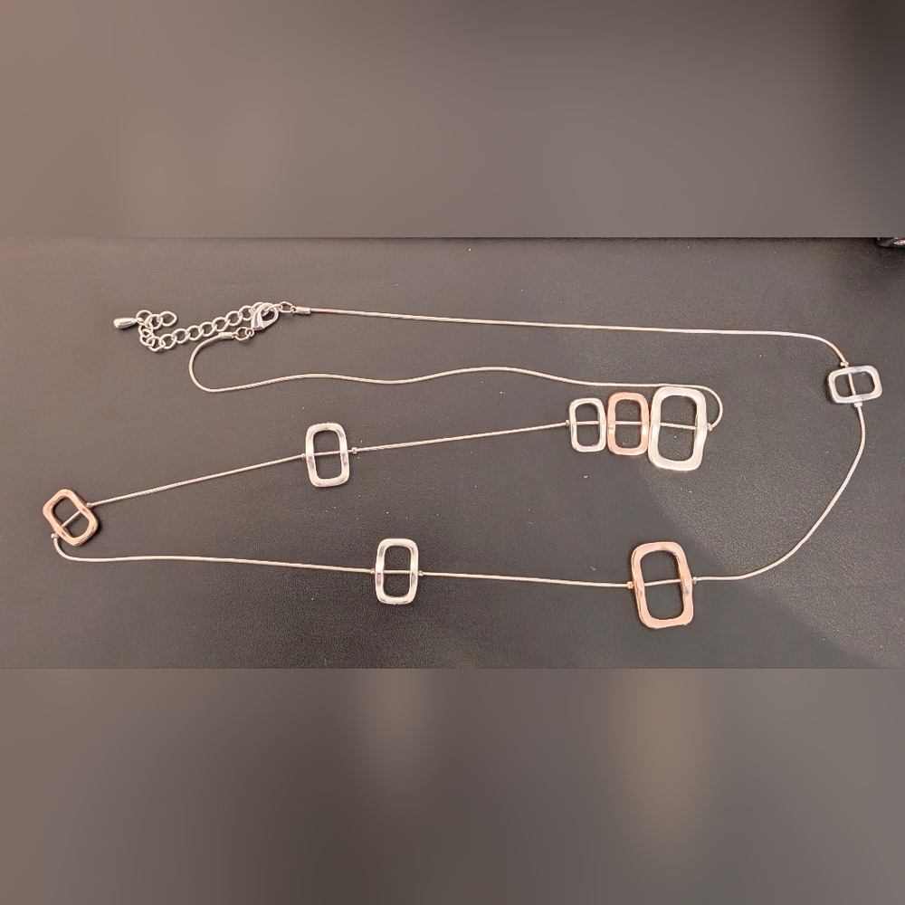 Chic Silver and Rose- Gold-Tone Necklace. Very Long- 20 Inches Drop